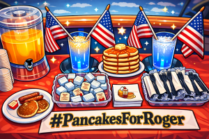 a breakfast table with pancakes and american flags